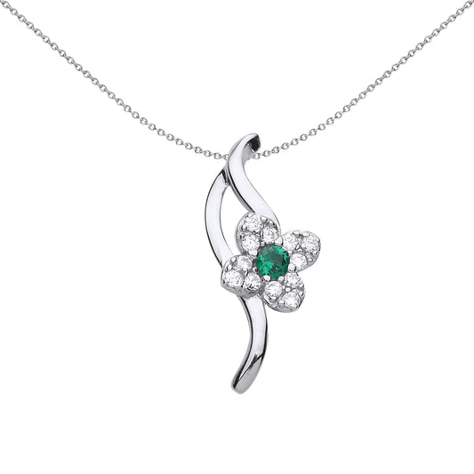 Silver  Green CZ Wavy Flower Petal Charm Necklace 18 inch - GVP467