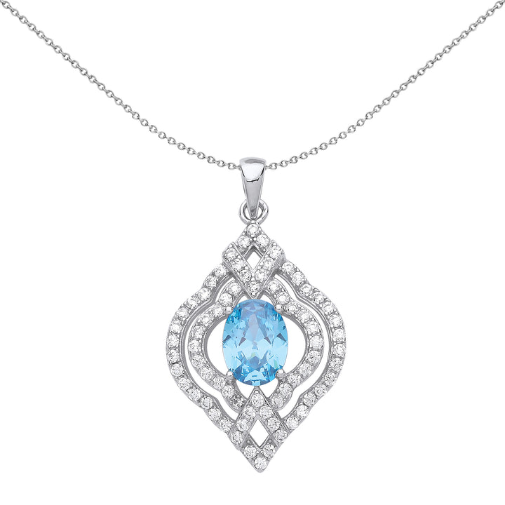 Silver  Light Blue Oval CZ Arabesque Clover Lantern Necklace 18" - GVP468