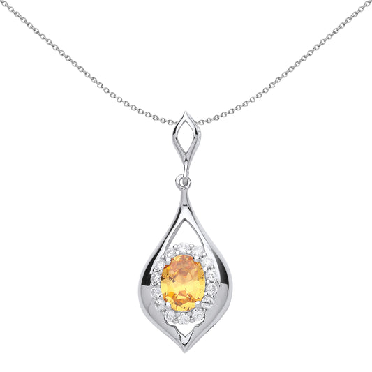 Silver  Golden Yellow Oval CZ Tears of Joy Halo Necklace 18 inch - GVP469