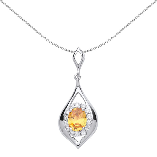 Silver  Golden Yellow Oval CZ Tears of Joy Halo Necklace - GVP469