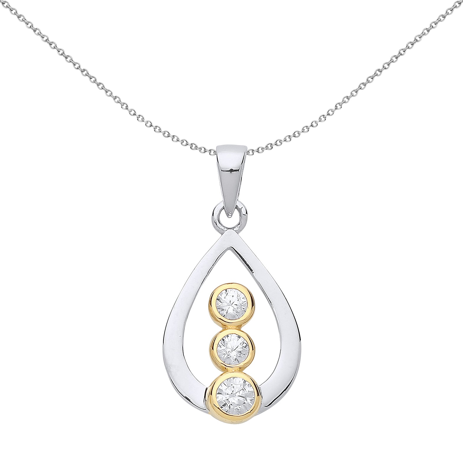 Gilded Silver  CZ Trilogy Pear Tear Pendant Necklace 18 inch - GVP470