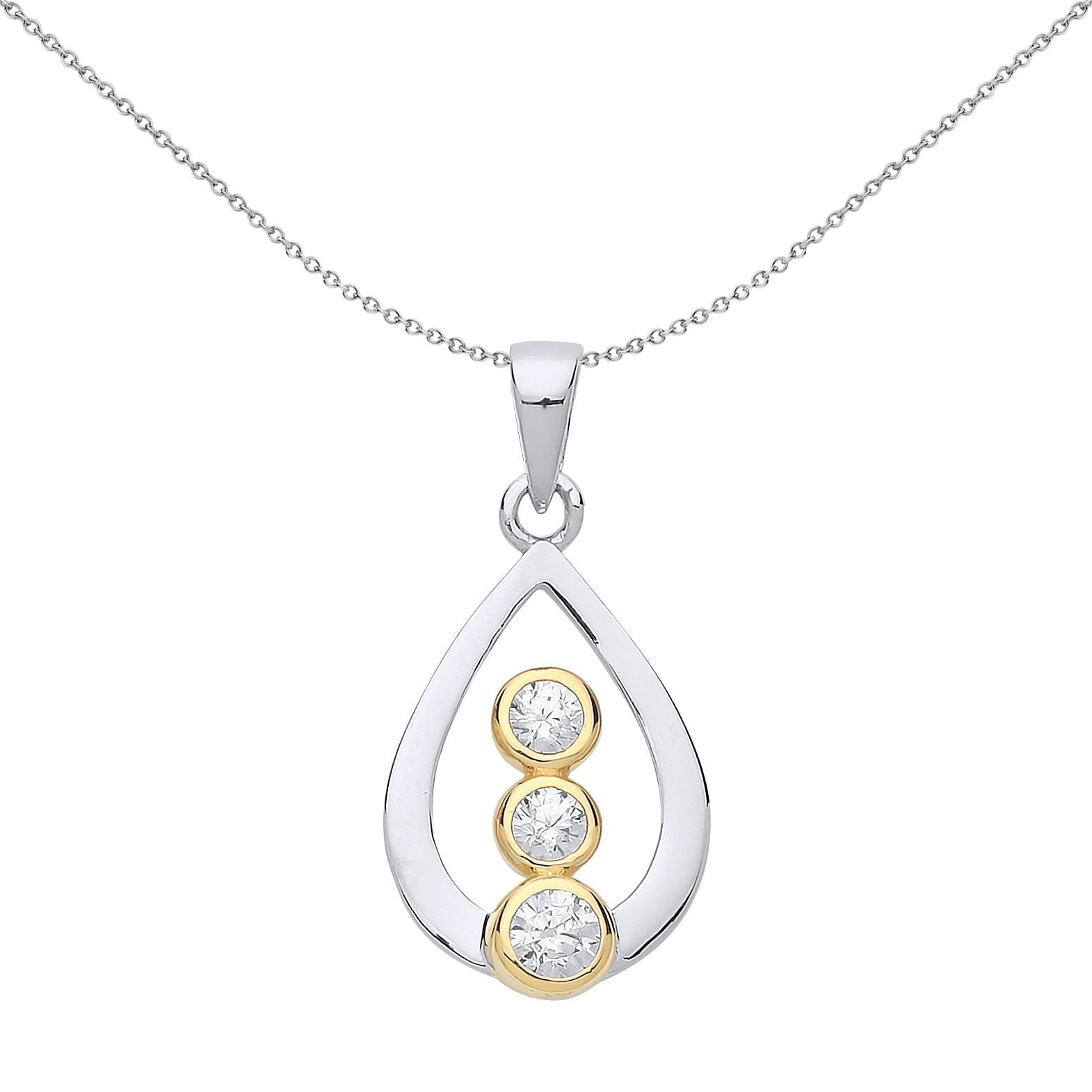 Gilded Silver  CZ Trilogy Pear Tear Pendant Necklace - GVP470