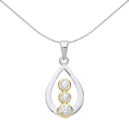 Gilded Silver  CZ Trilogy Pear Tear Pendant Necklace - GVP470