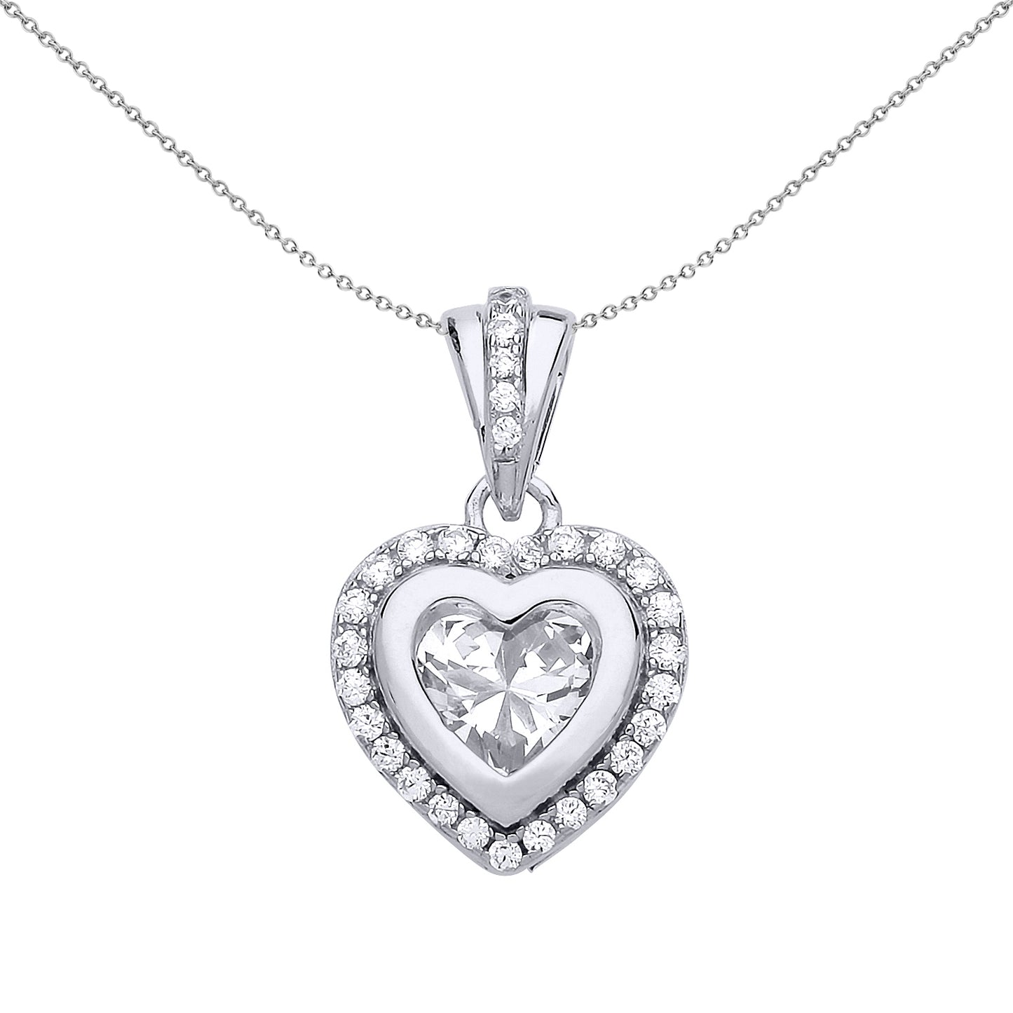 Silver  CZ Halo Love Heart Charm Necklace 18 inch - GVP473