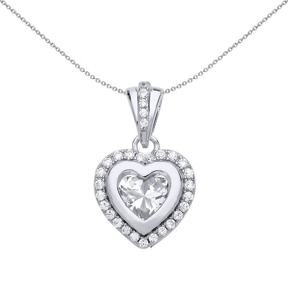 Silver  CZ Halo Love Heart Charm Necklace 18 inch - GVP473