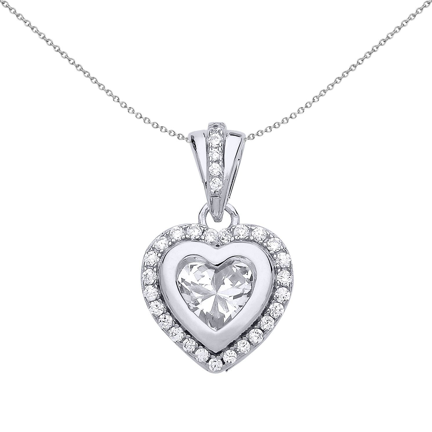 Silver  CZ Halo Love Heart Charm Necklace - GVP473
