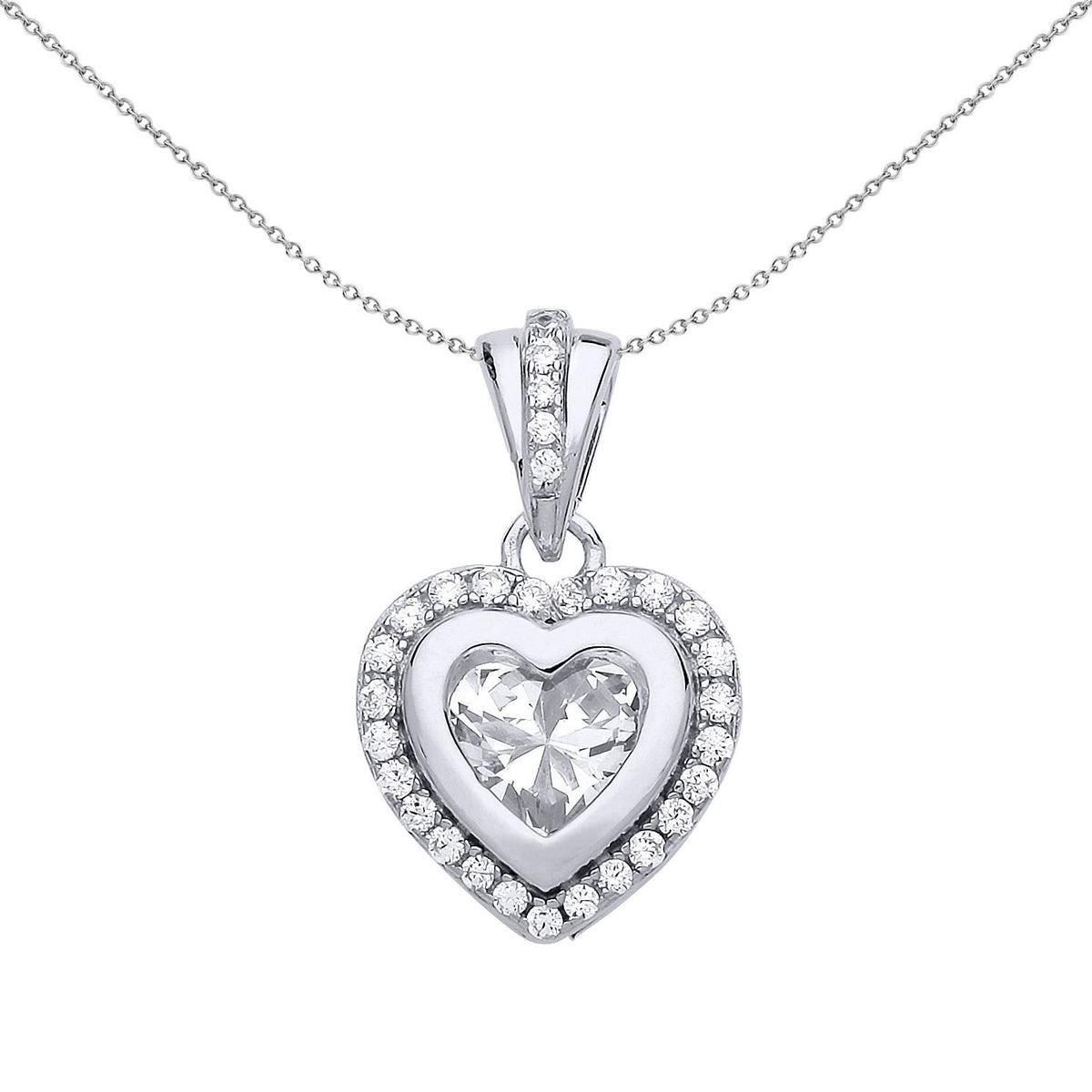 Sterling Silver  CZ Beating Bezel Halo Love Heart Charm Necklace - GVP473