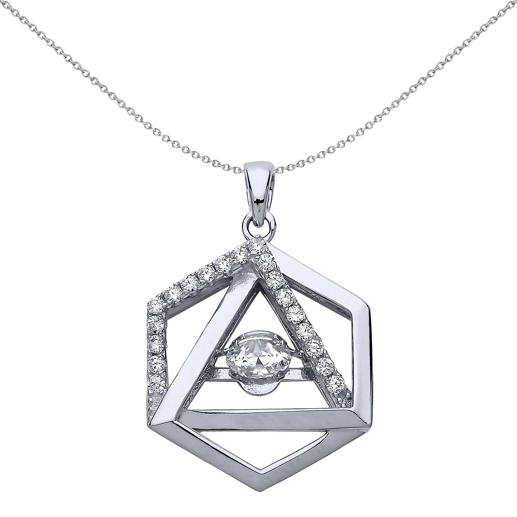 Silver  CZ Triangle Hexagon Charm Necklace 18 inch - GVP475
