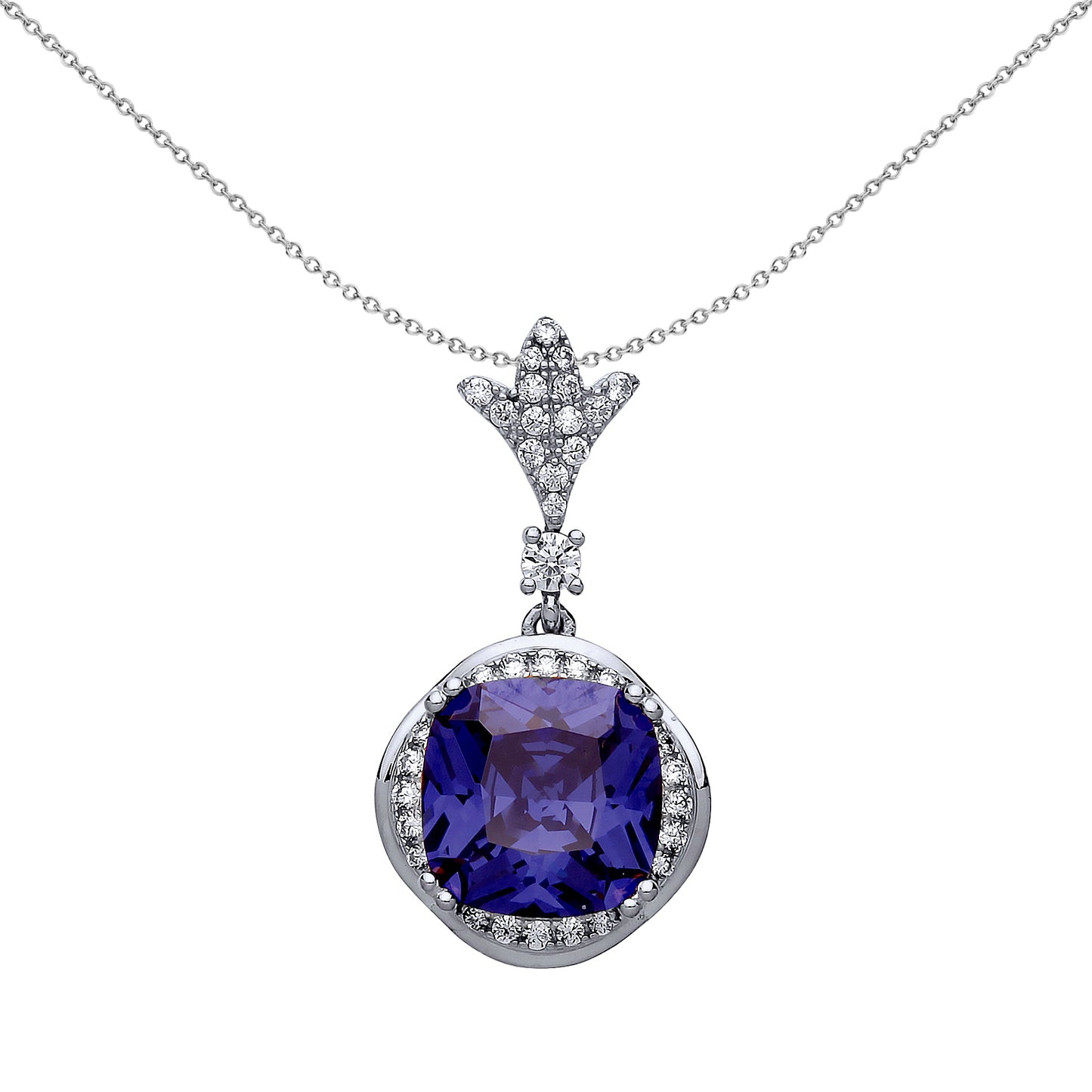 Silver  Lavender Blue Cushion CZ Halo Tulip Necklace 18" - GVP477