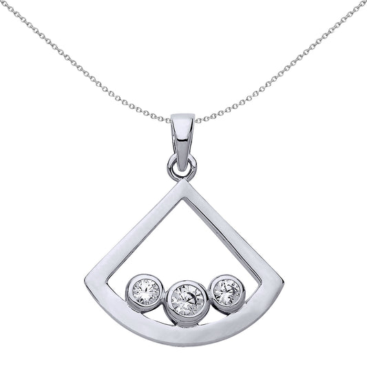 Silver  CZ Fan Cone Trilogy Pendant Necklace 18 inch - GVP478