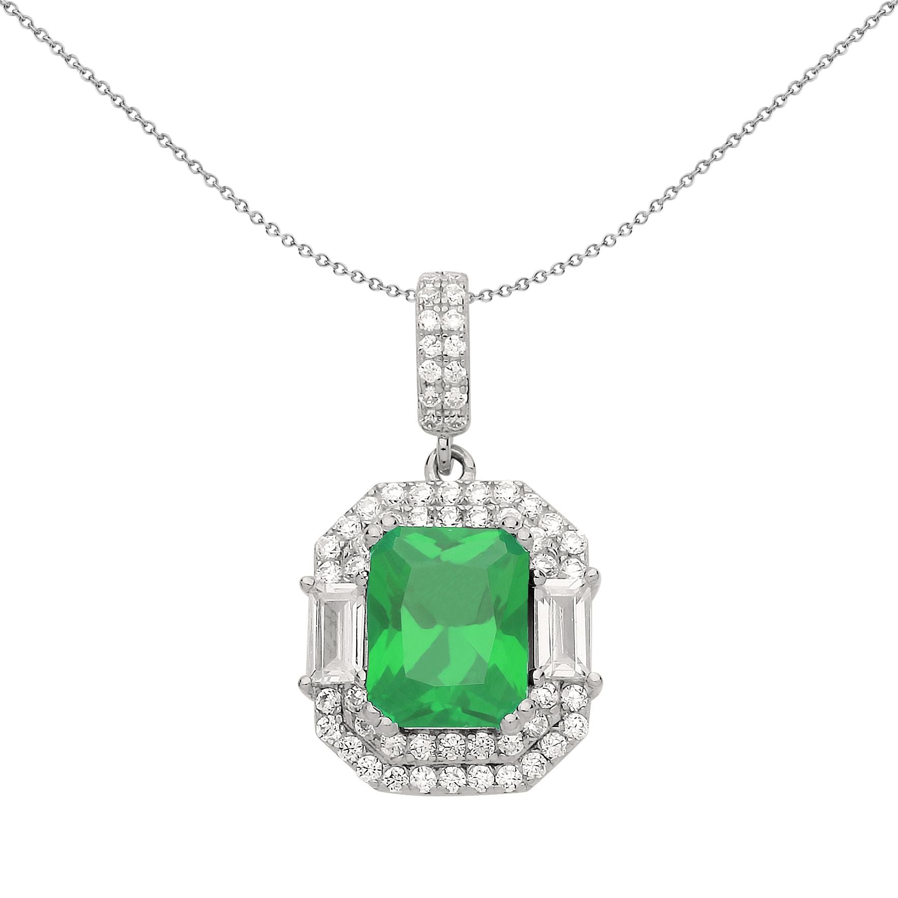 Silver  Green Radiant CZ Octagon Amphitheatre Pendant Necklace 18" - GVP479EM
