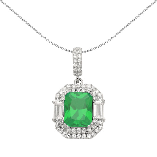 Silver  Green Radiant CZ Octagon Amphitheatre Pendant Necklace 18" - GVP479EM