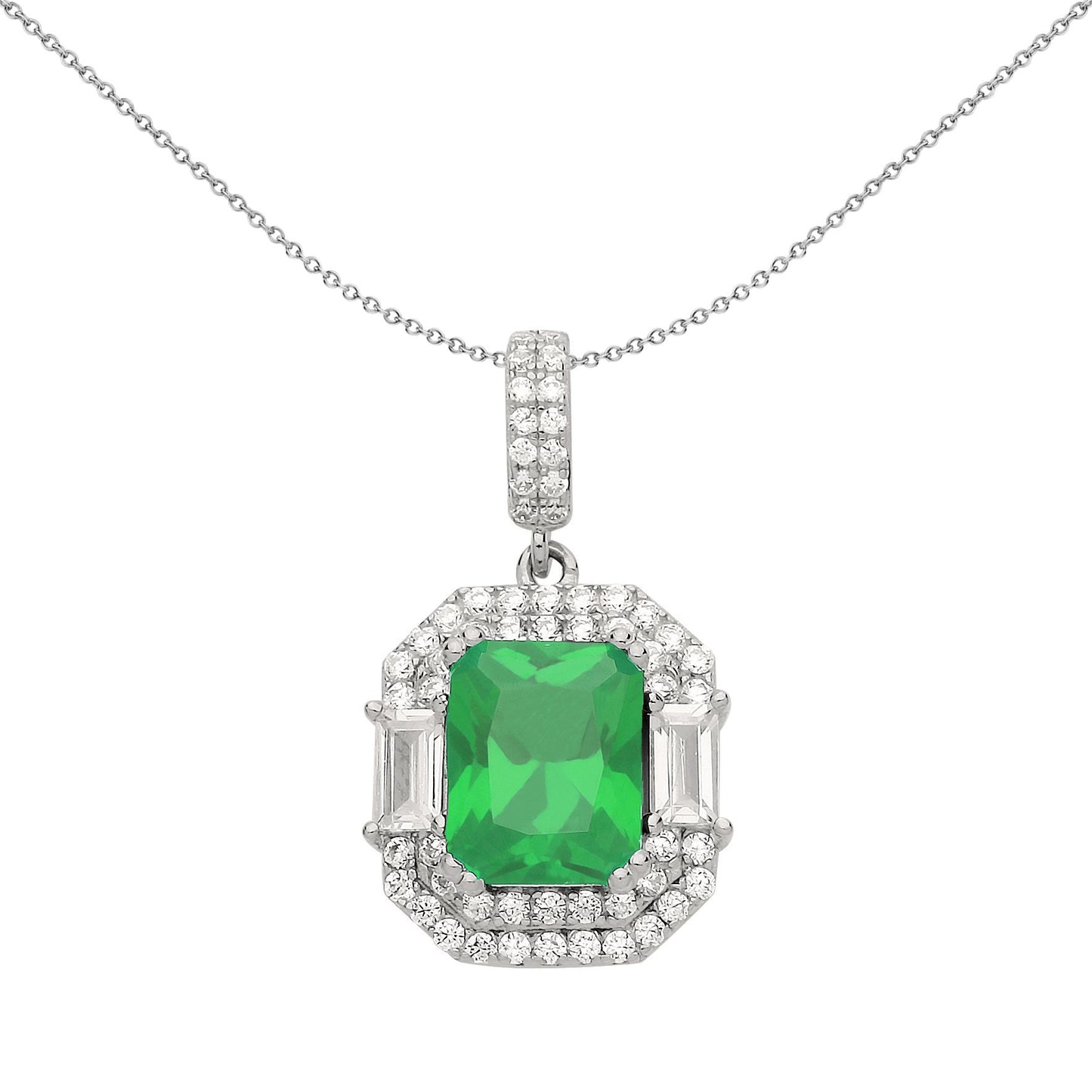 Silver  Green Radiant CZ Octagon Amphitheatre Pendant Necklace 18" - GVP479EM
