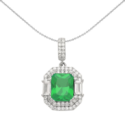 Silver  Green Radiant CZ Octagon Amphitheatre Pendant Necklace 18" - GVP479EM