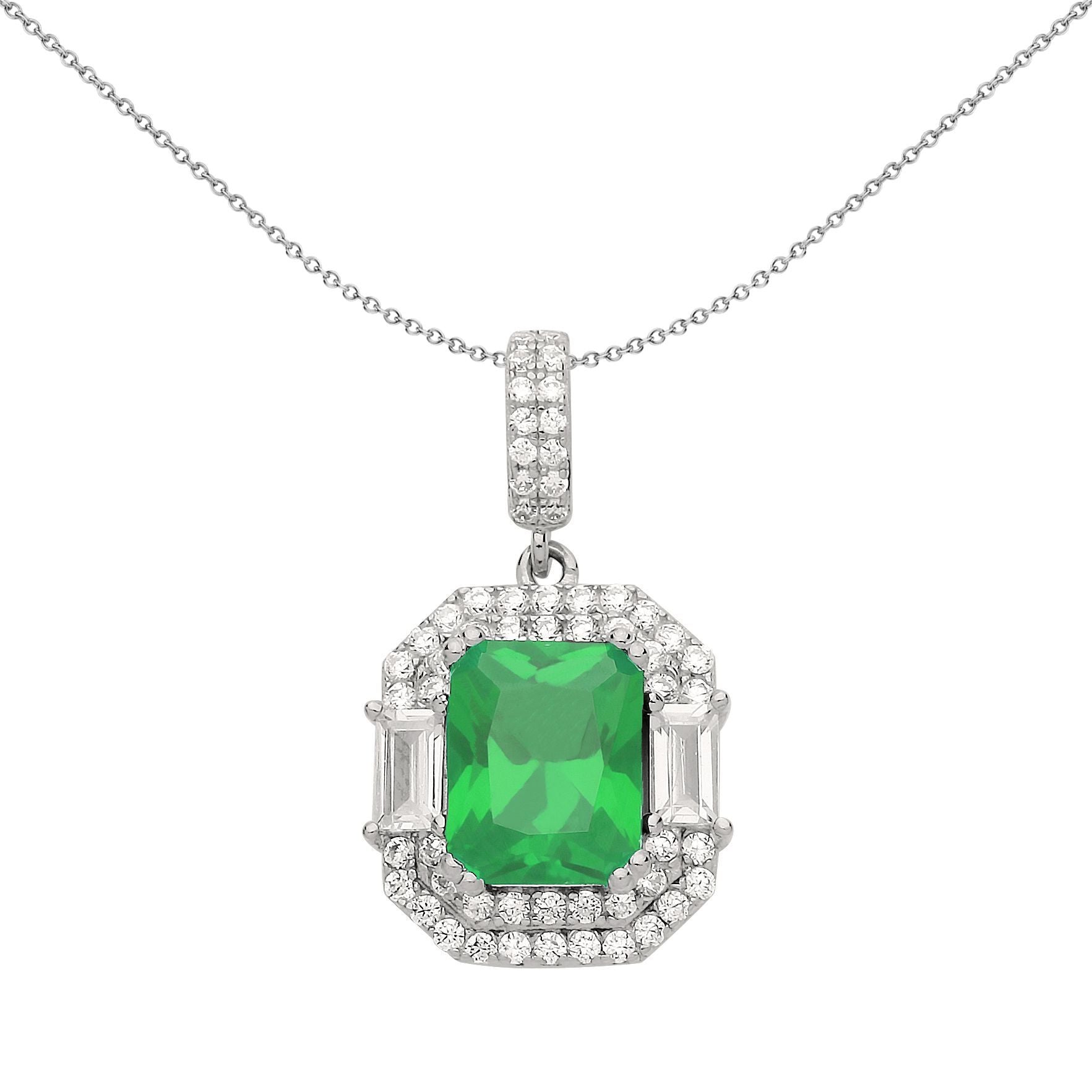Silver  Green Radiant CZ Octagon Amphitheatre Pendant Necklace - GVP479EM
