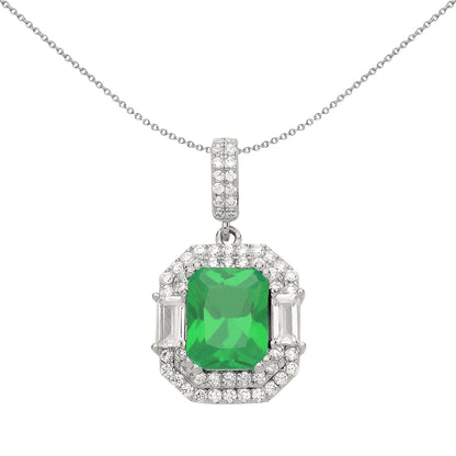 Silver  Green Radiant CZ Octagon Amphitheatre Pendant Necklace - GVP479EM