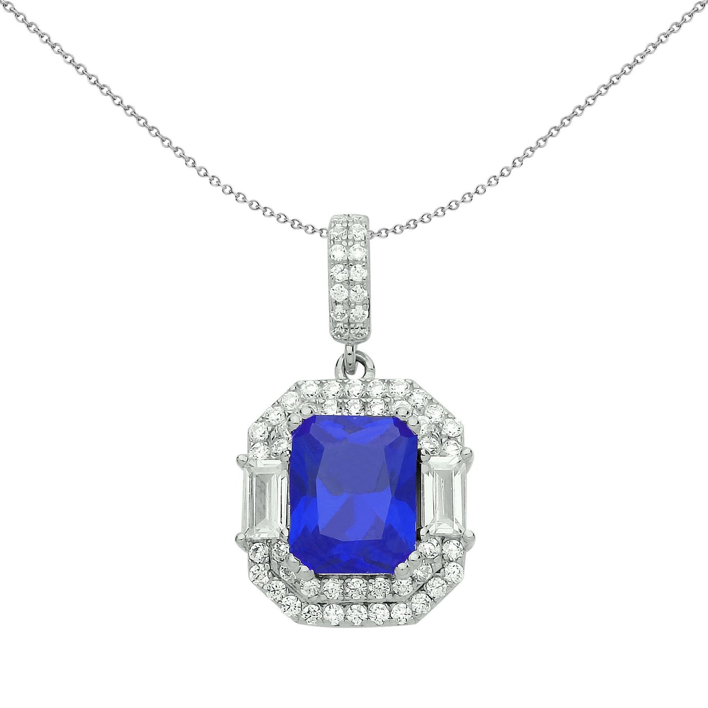 Silver  Blue Radiant CZ Octagon Amphitheatre Pendant Necklace - GVP479SAP