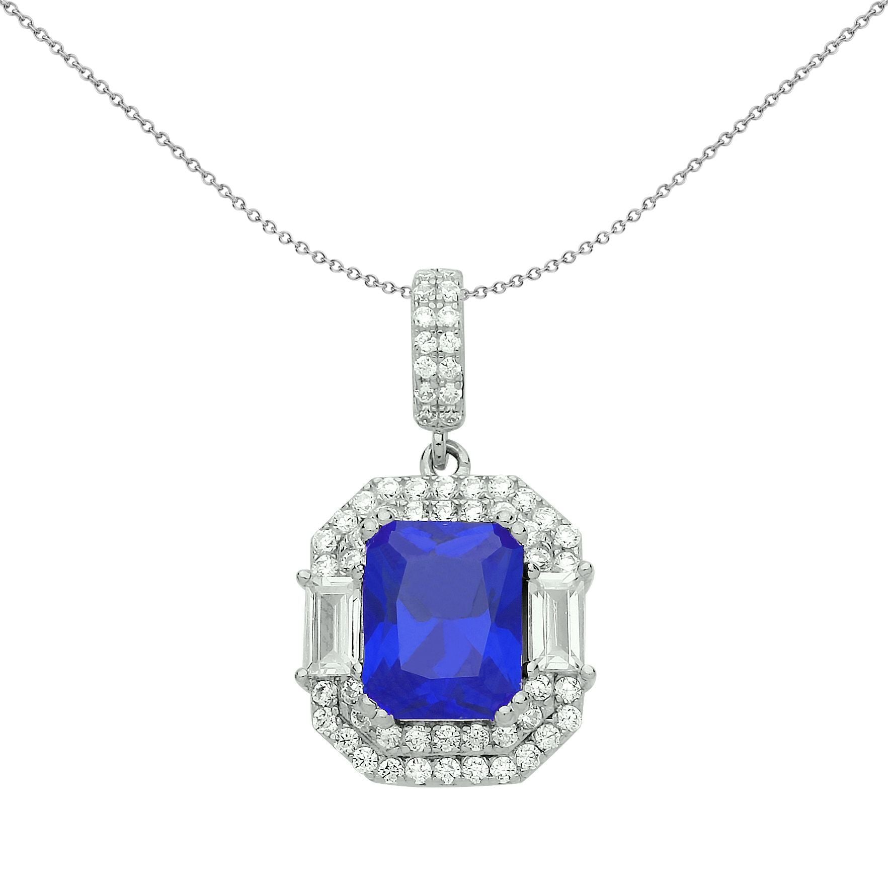 Silver  Blue Radiant CZ Octagon Amphitheatre Pendant Necklace - GVP479SAP