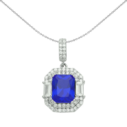 Silver  Blue Radiant CZ Octagon Amphitheatre Pendant Necklace - GVP479SAP