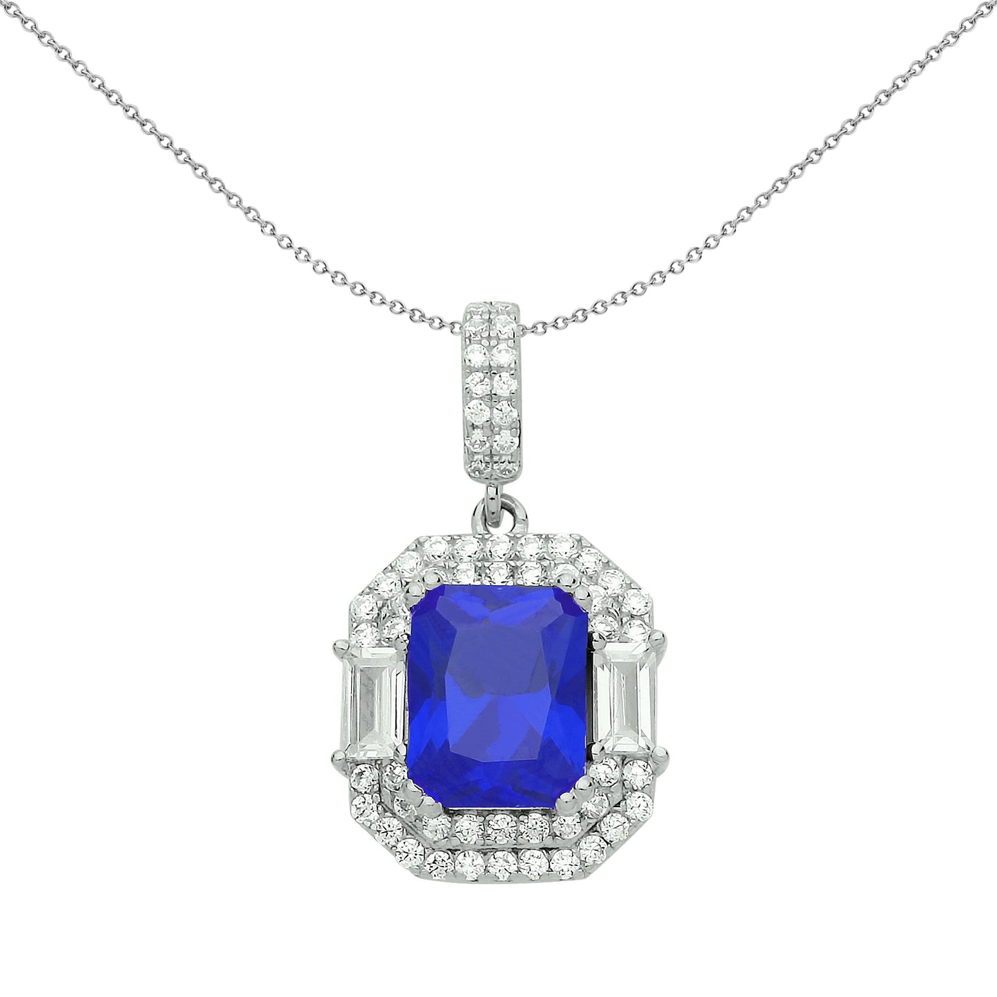 Silver  Blue Radiant CZ Octagon Amphitheatre Pendant Necklace 18" - GVP479SAP