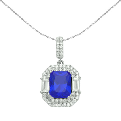 Silver  Blue Radiant CZ Octagon Amphitheatre Pendant Necklace 18" - GVP479SAP