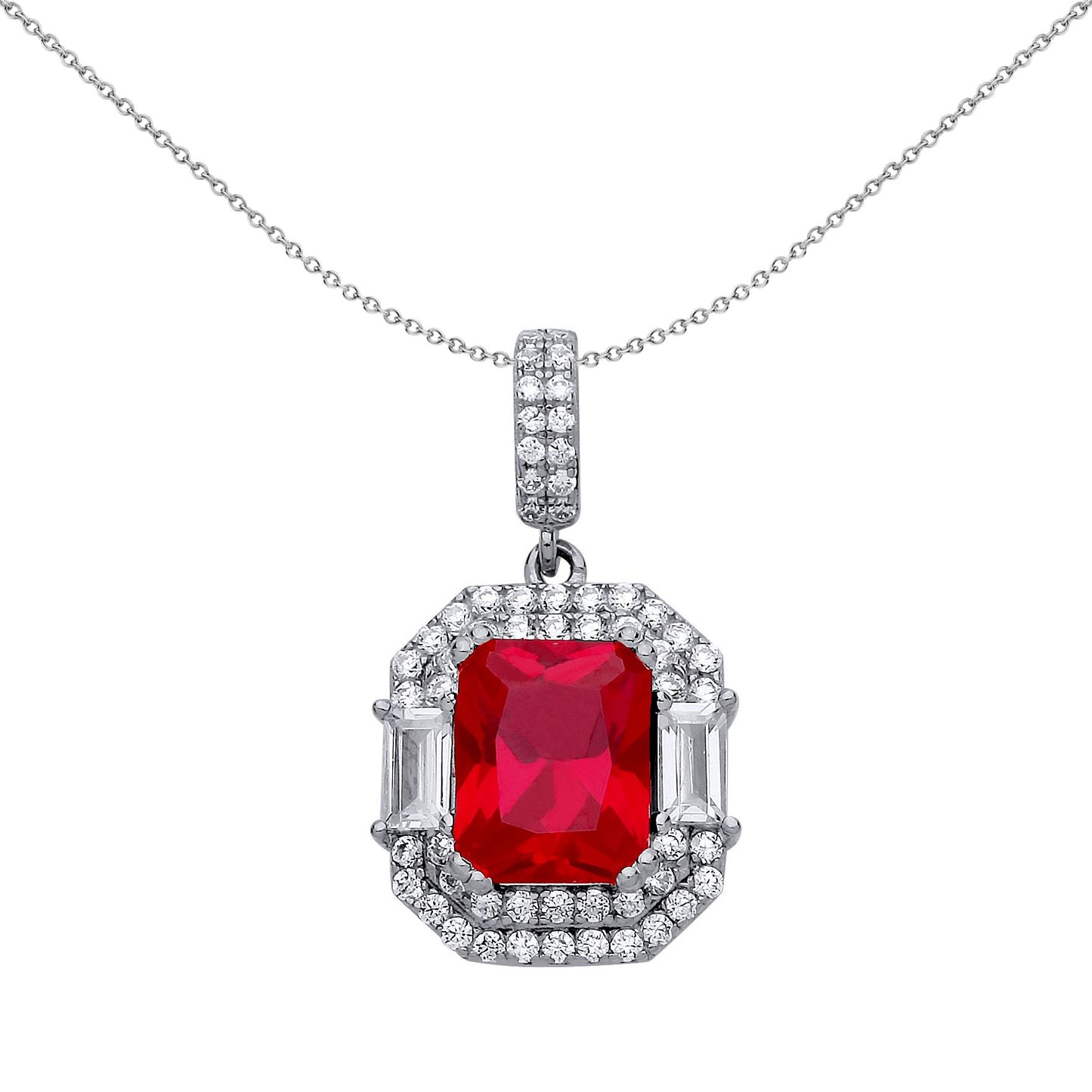 Silver  Red Emerald cut CZ Octagon Amphitheatre Necklace 18 inch - GVP479