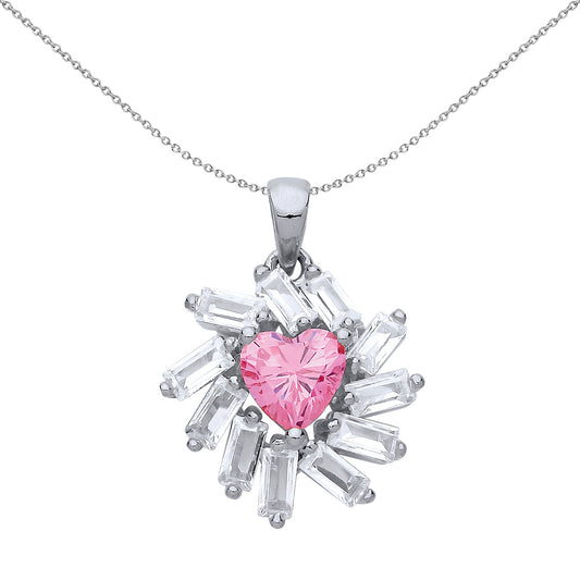 Silver  Pink Baguette CZ Sunburst Love Heart Necklace 18 inch - GVP480