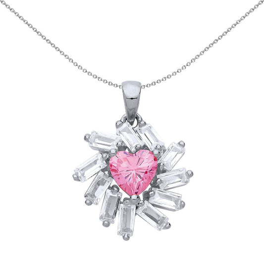 Silver  Pink Baguette CZ Sunburst Love Heart Necklace - GVP480