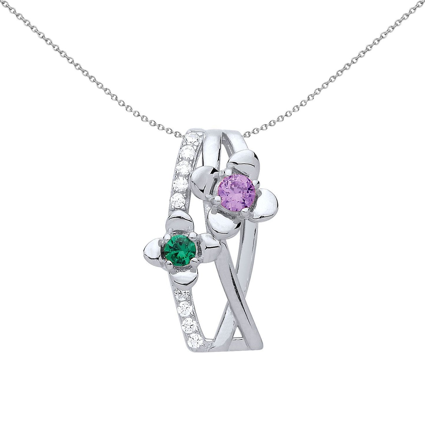 Silver  Pink & Green CZ Duo Flower Petal Charm Necklace - GVP482