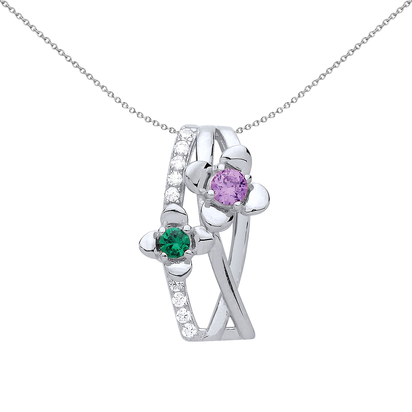 Silver  Pink & Green CZ Duo Flower Petal Charm Necklace 18 inch - GVP482