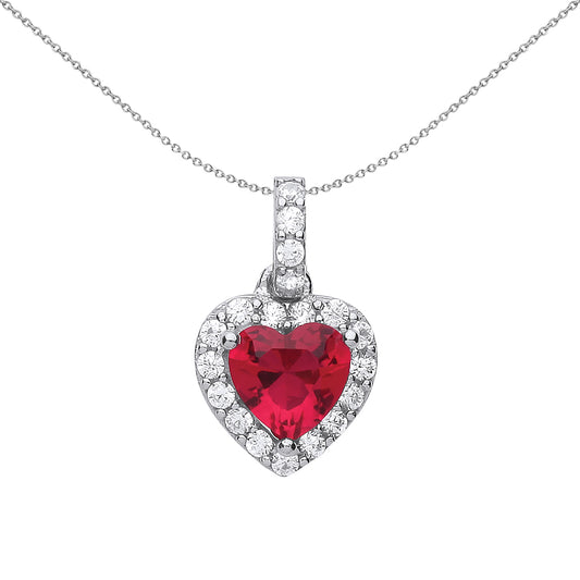 Silver  Red CZ Halo Love Heart Charm Necklace 18 inch - GVP484