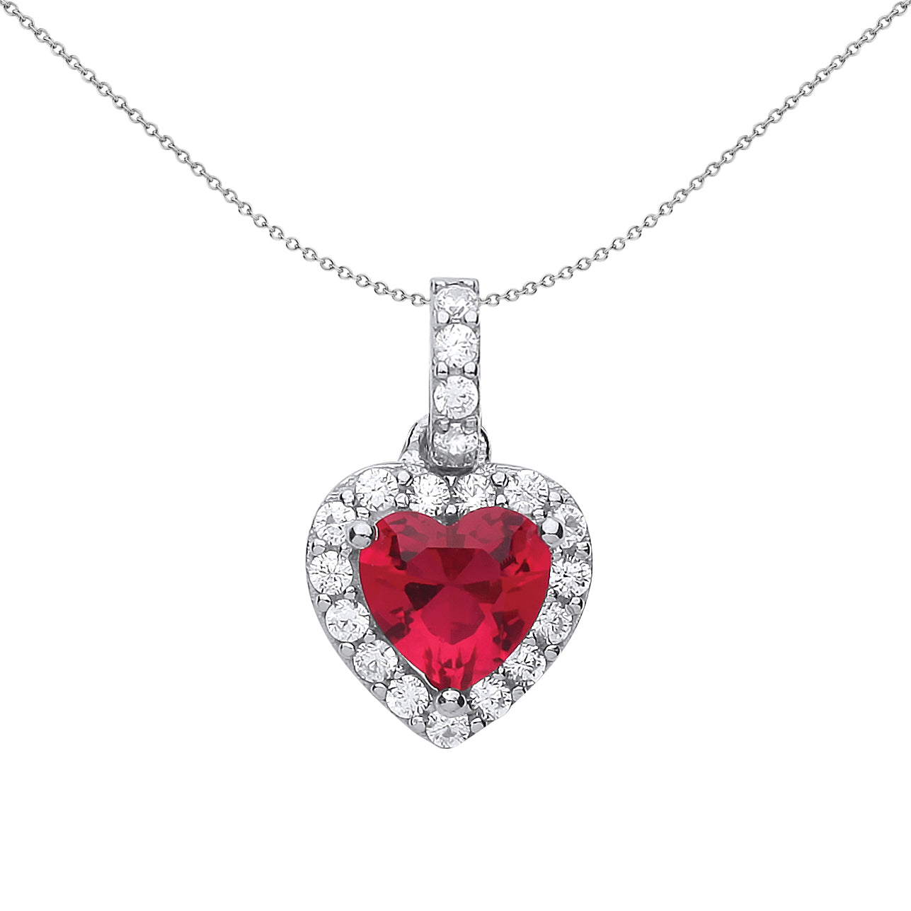 Silver  Red CZ Halo Love Heart Charm Necklace 18 inch - GVP484