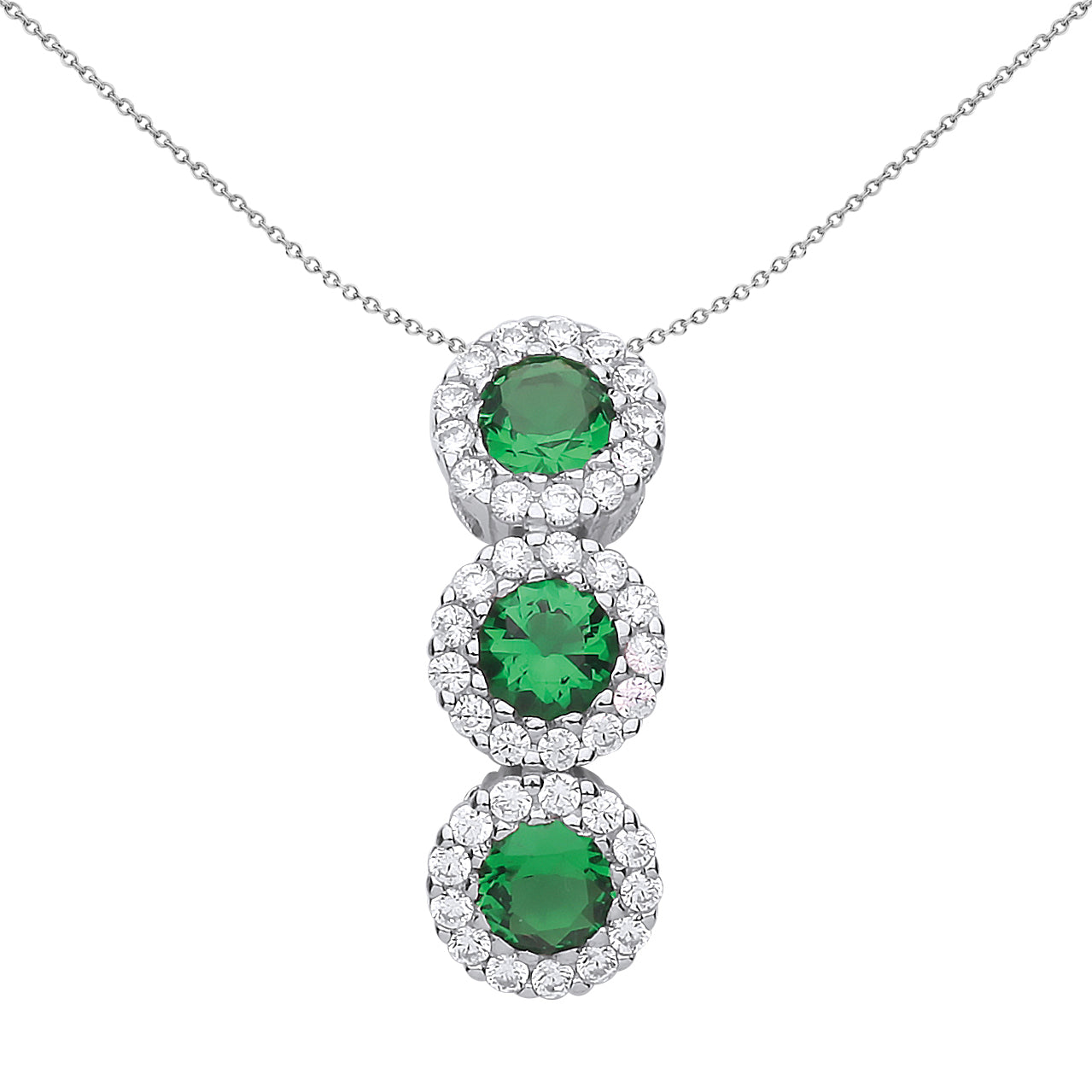 Silver  Green CZ Trilogy Halo Cluster Pendant Necklace 18 inch - GVP485EM