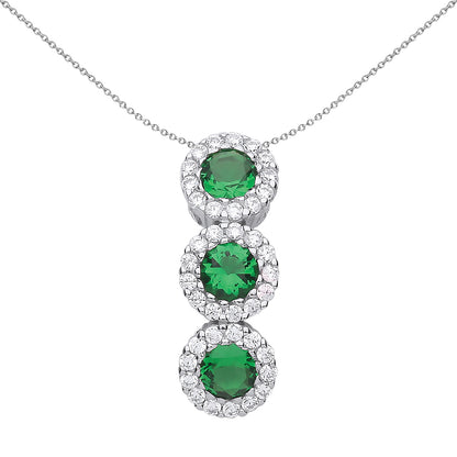 Silver  Green CZ Trilogy Halo Cluster Pendant Necklace 18 inch - GVP485EM