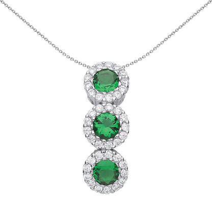 Silver  Green CZ Trilogy Halo Cluster Pendant Necklace - GVP485EM