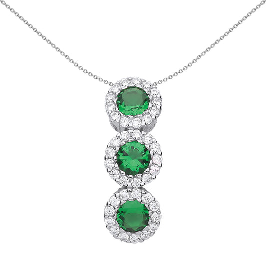 Silver  Green CZ Trilogy Halo Cluster Pendant Necklace 18 inch - GVP485EM