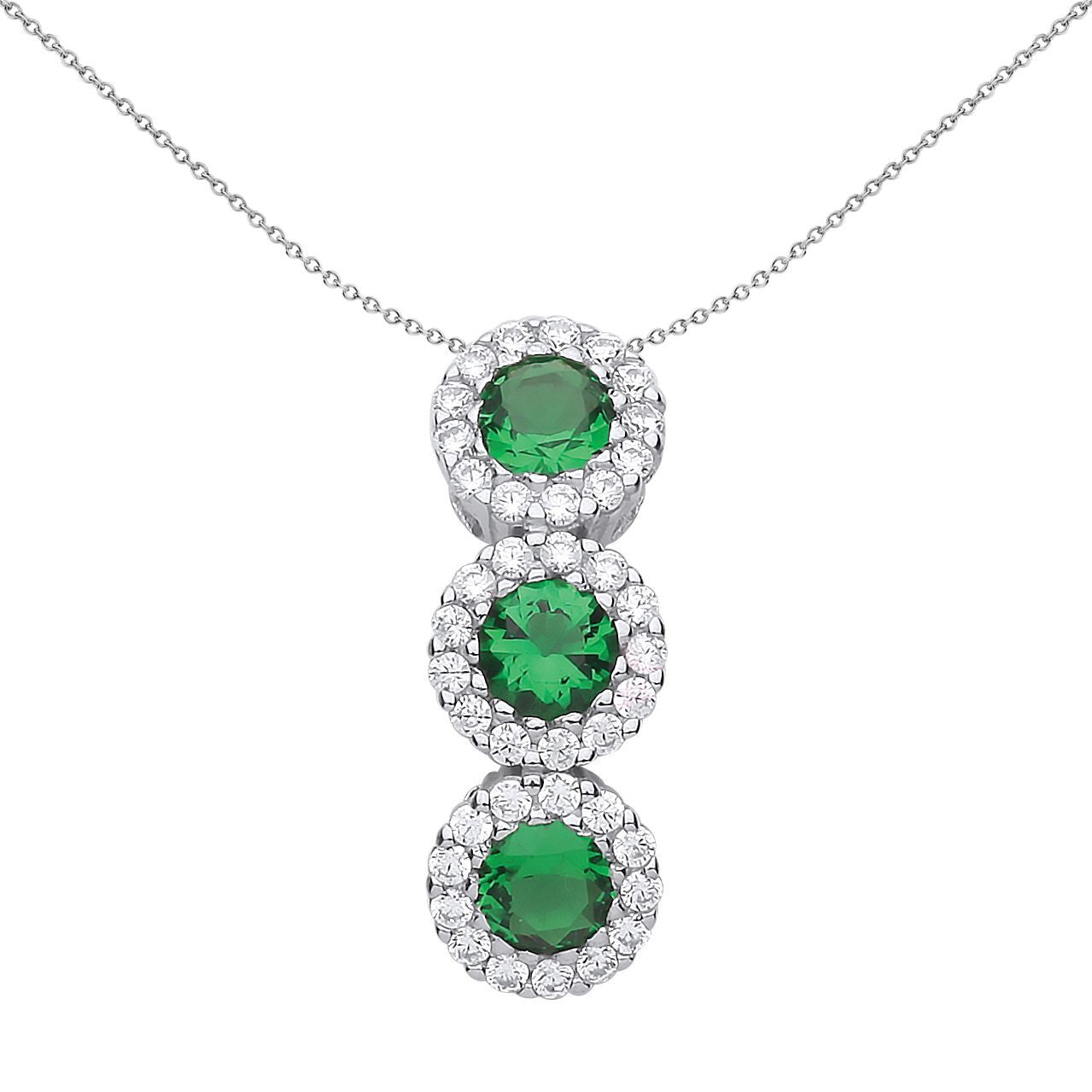 Silver  Green CZ Trilogy Halo Cluster Pendant Necklace 18 inch - GVP485EM
