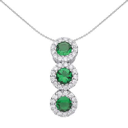 Silver  Green CZ Trilogy Halo Cluster Pendant Necklace 18 inch - GVP485EM