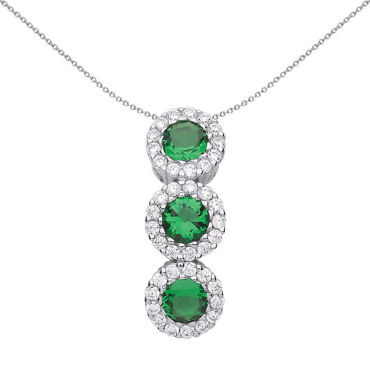 Silver  Green CZ Trilogy Halo Cluster Pendant Necklace - GVP485EM
