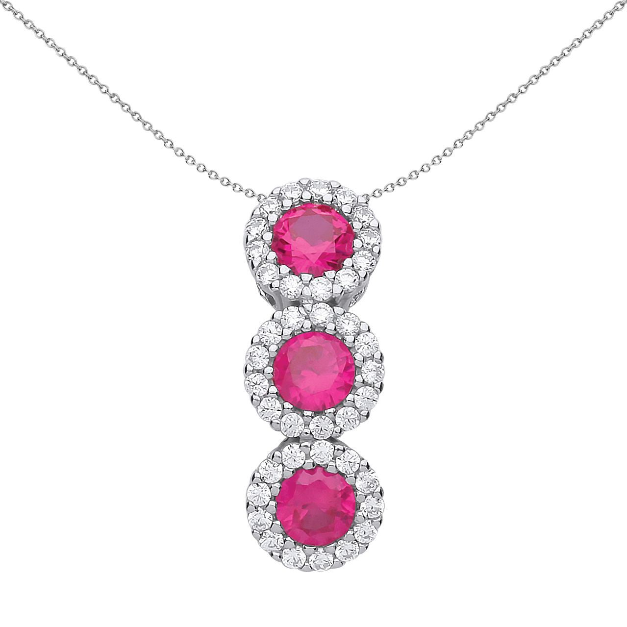 Silver  Red CZ Trilogy Halo Cluster Pendant Necklace - GVP485RU