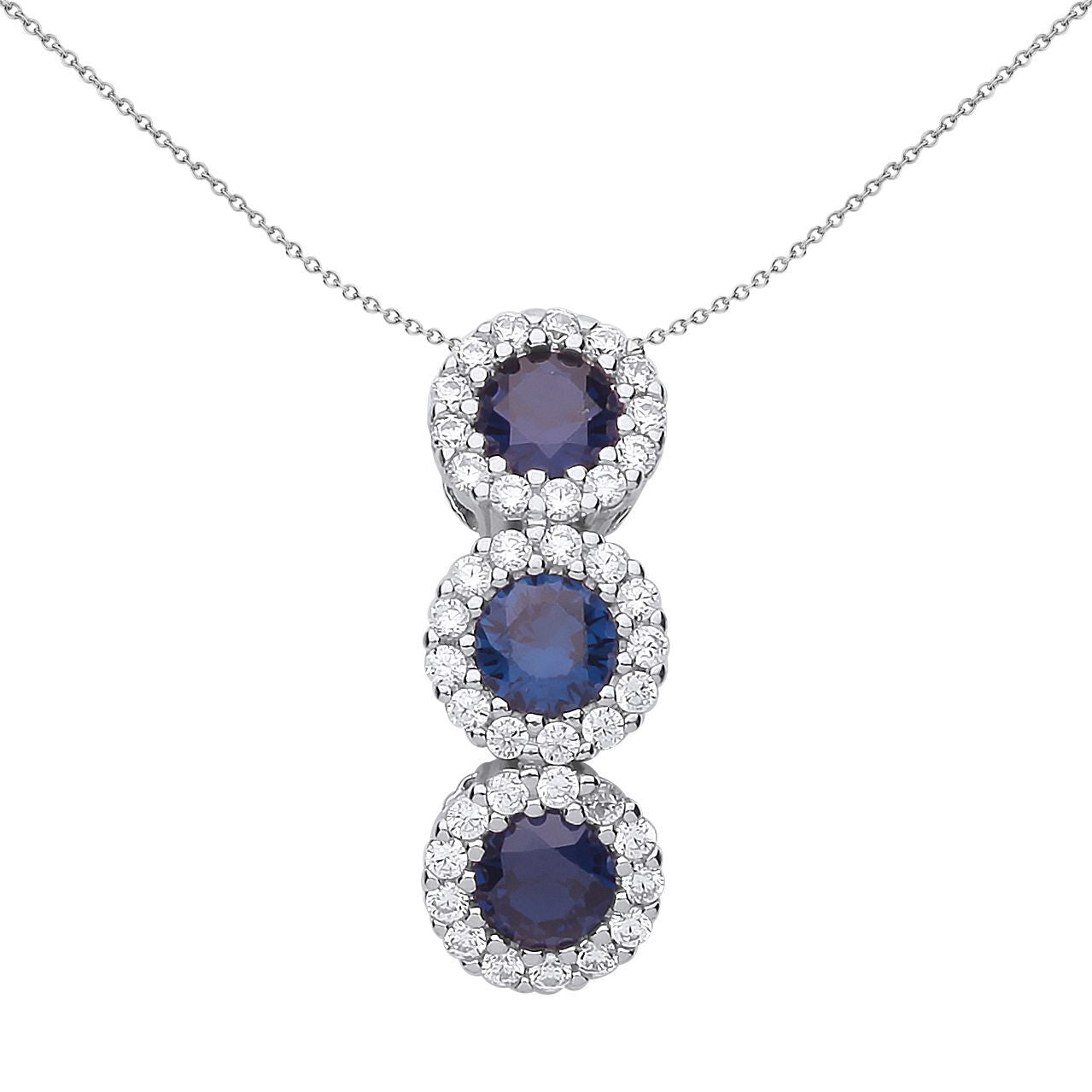 Silver  Blue CZ Trilogy Halo Cluster Pendant Necklace - GVP485SAP