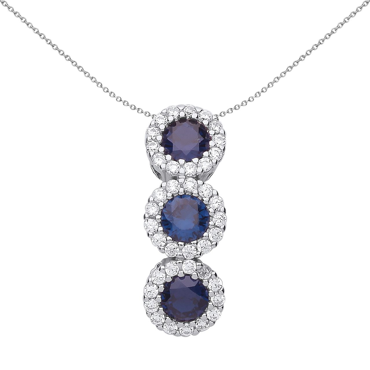 Silver  Blue CZ Trilogy Halo Cluster Pendant Necklace 18 inch - GVP485SAP