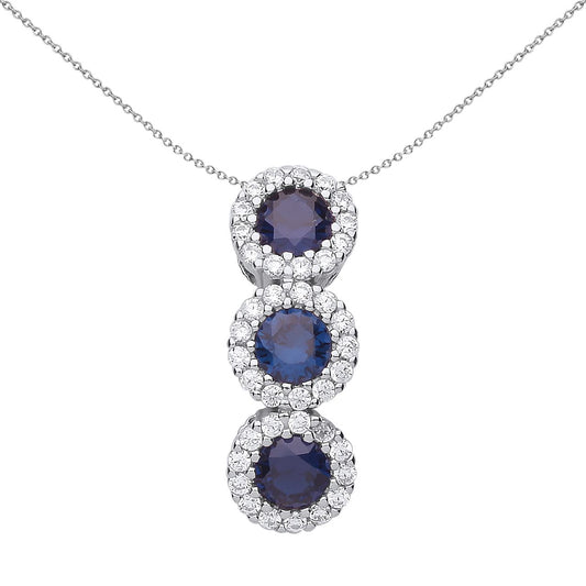 Silver  Blue CZ Trilogy Halo Cluster Pendant Necklace 18 inch - GVP485SAP