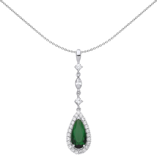 Silver  Green Pear CZ Tears of Joy Halo Pendant Necklace 18inch - GVP487EM