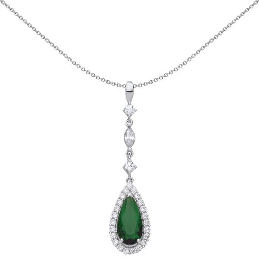 Silver  Green Pear CZ Tears of Joy Halo Pendant Necklace - GVP487EM