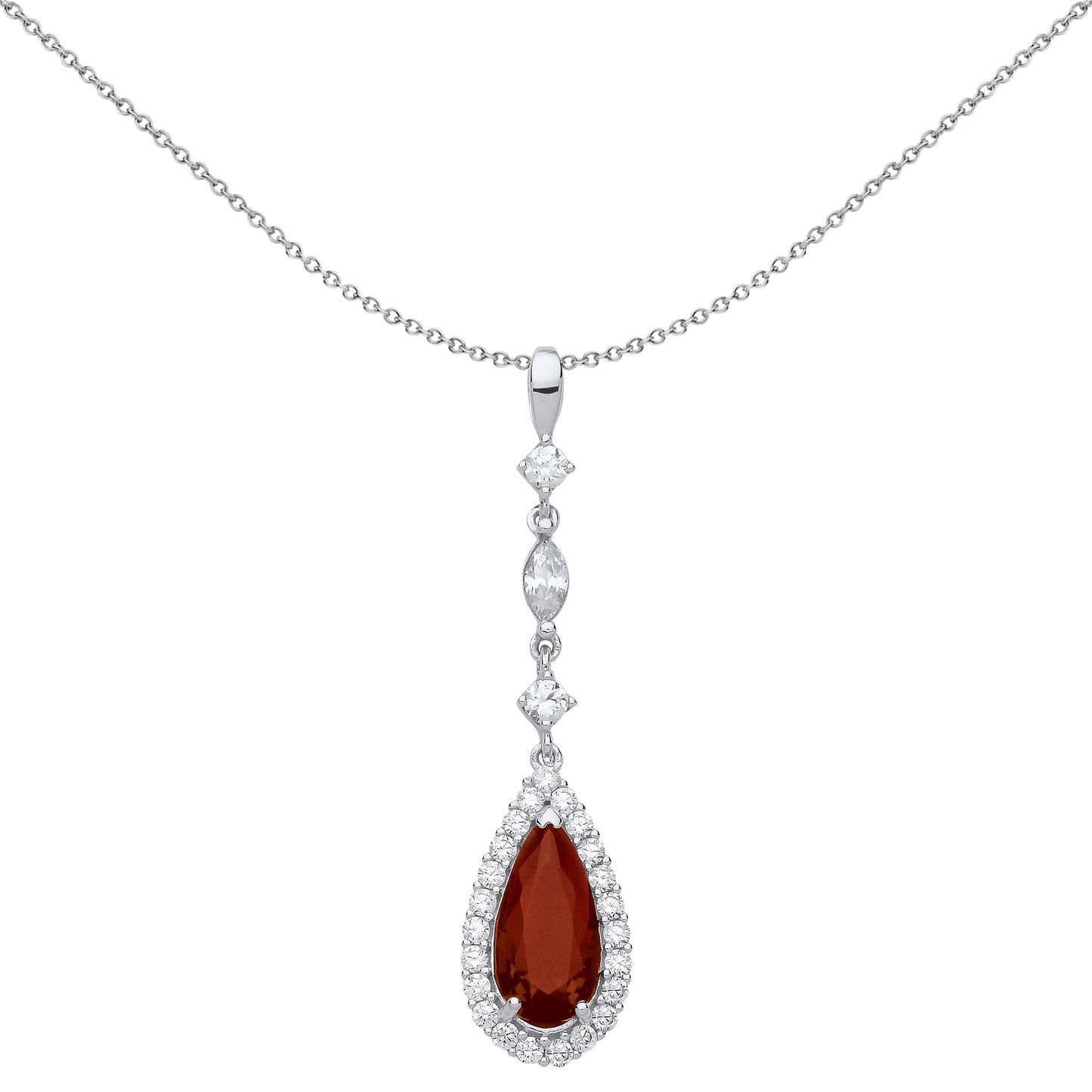 Silver  Red Pear Marquise CZ Tears of Joy Halo Necklace 18" - GVP487RU