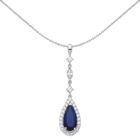 Silver  Blue Pear Cut CZ Tears of Joy Halo Pendant Necklace - GVP487SAP
