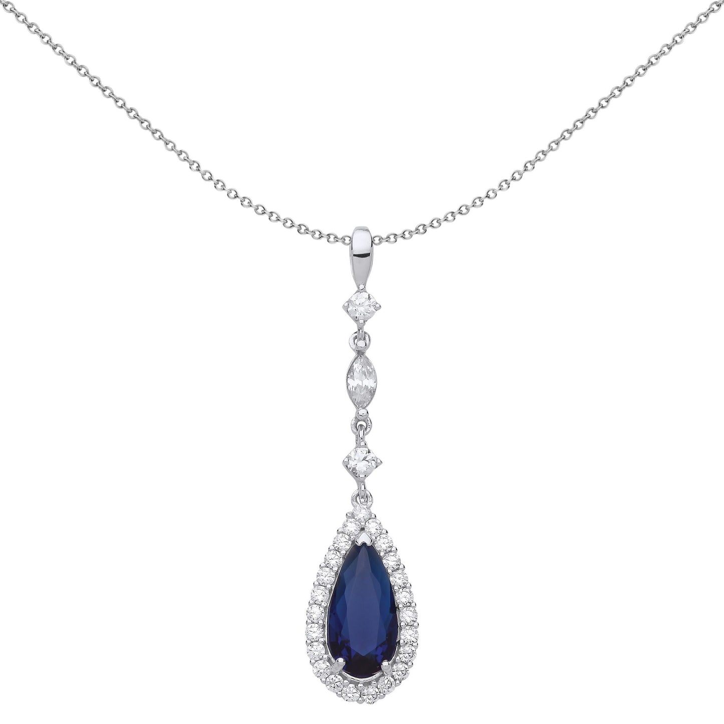 Silver  Blue Pear Cut CZ Tears of Joy Halo Pendant Necklace - GVP487SAP