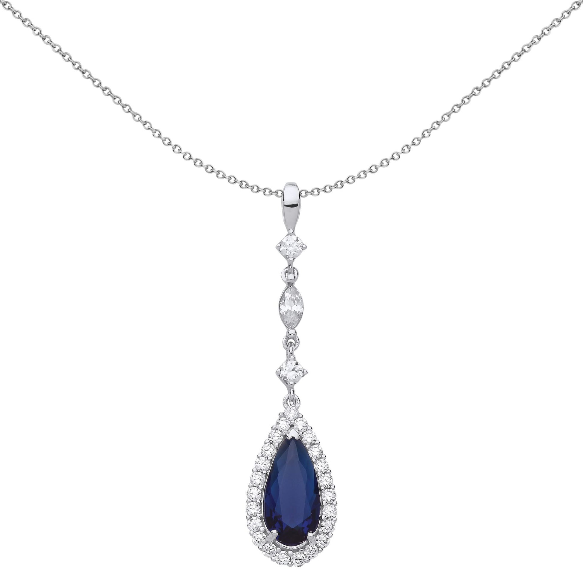 Silver  Blue Pear Cut CZ Tears of Joy Halo Pendant Necklace - GVP487SAP