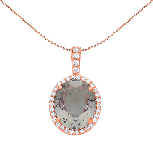 Rose Silver  Grey Olive Oval CZ Solitaire Halo Necklace 18 inch - GVP488
